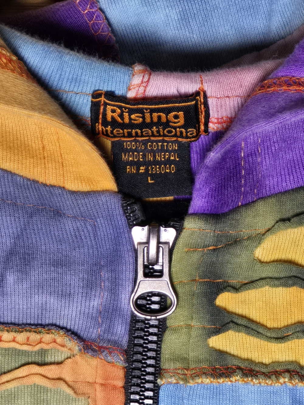 Rising International Patchwork Multicolor Hooded Jacket Boho Sun & Spiral Motif - Picture 5 of 7